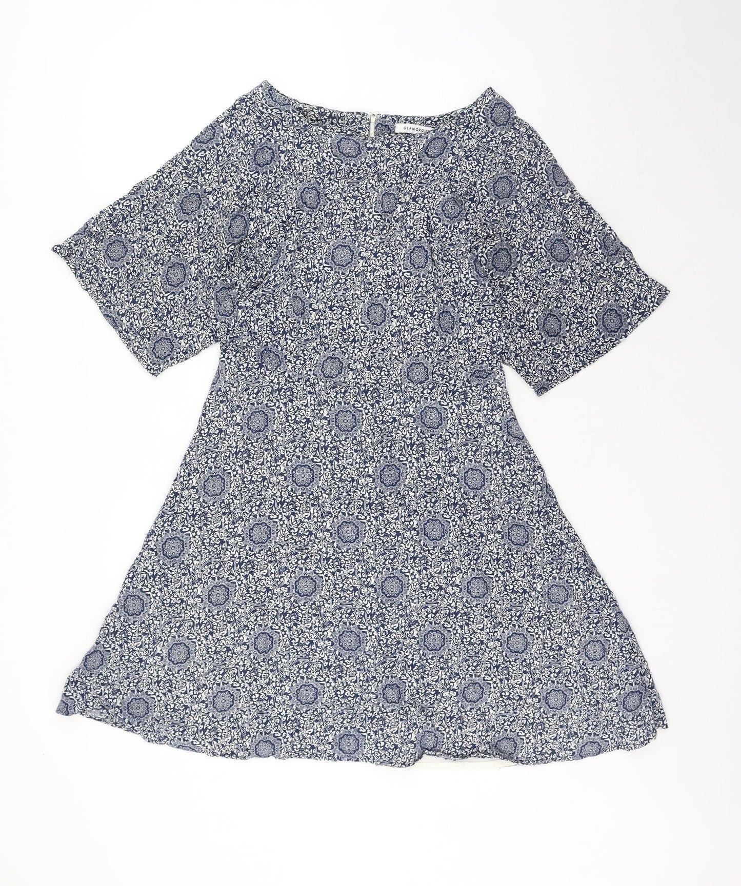 Glamorous Womens Blue Geometric Viscose Trapeze & Swing Size 12 Round Neck Zip
