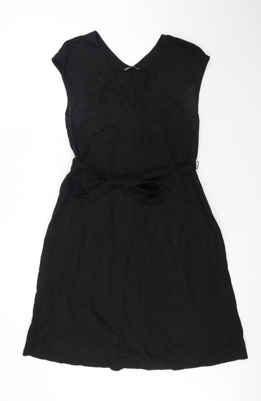 Zara Womens Black Viscose A-Line Size S V-Neck Tie