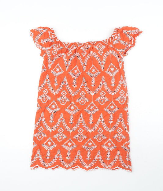 Miss Selfridge Womens Orange Geometric Cotton Basic Blouse Size 6 Square Neck