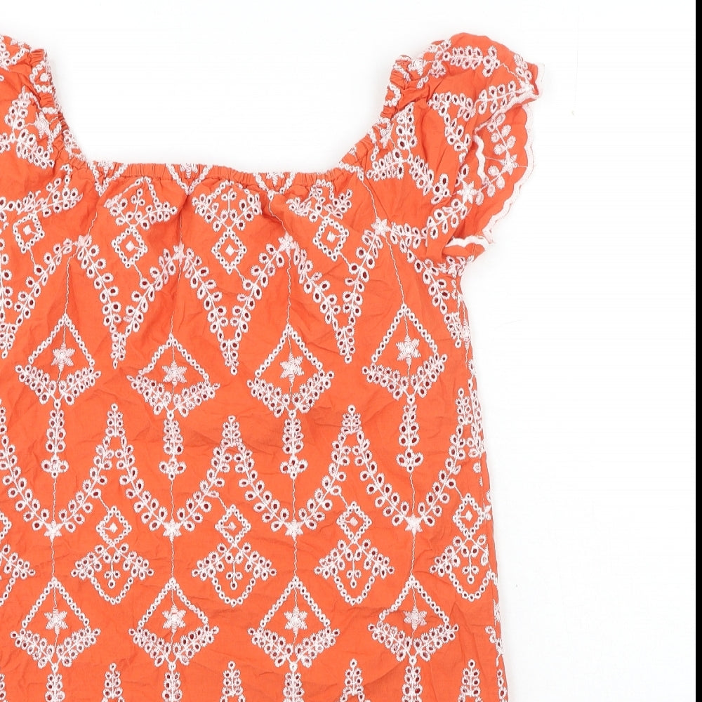 Miss Selfridge Womens Orange Geometric Cotton Basic Blouse Size 6 Square Neck