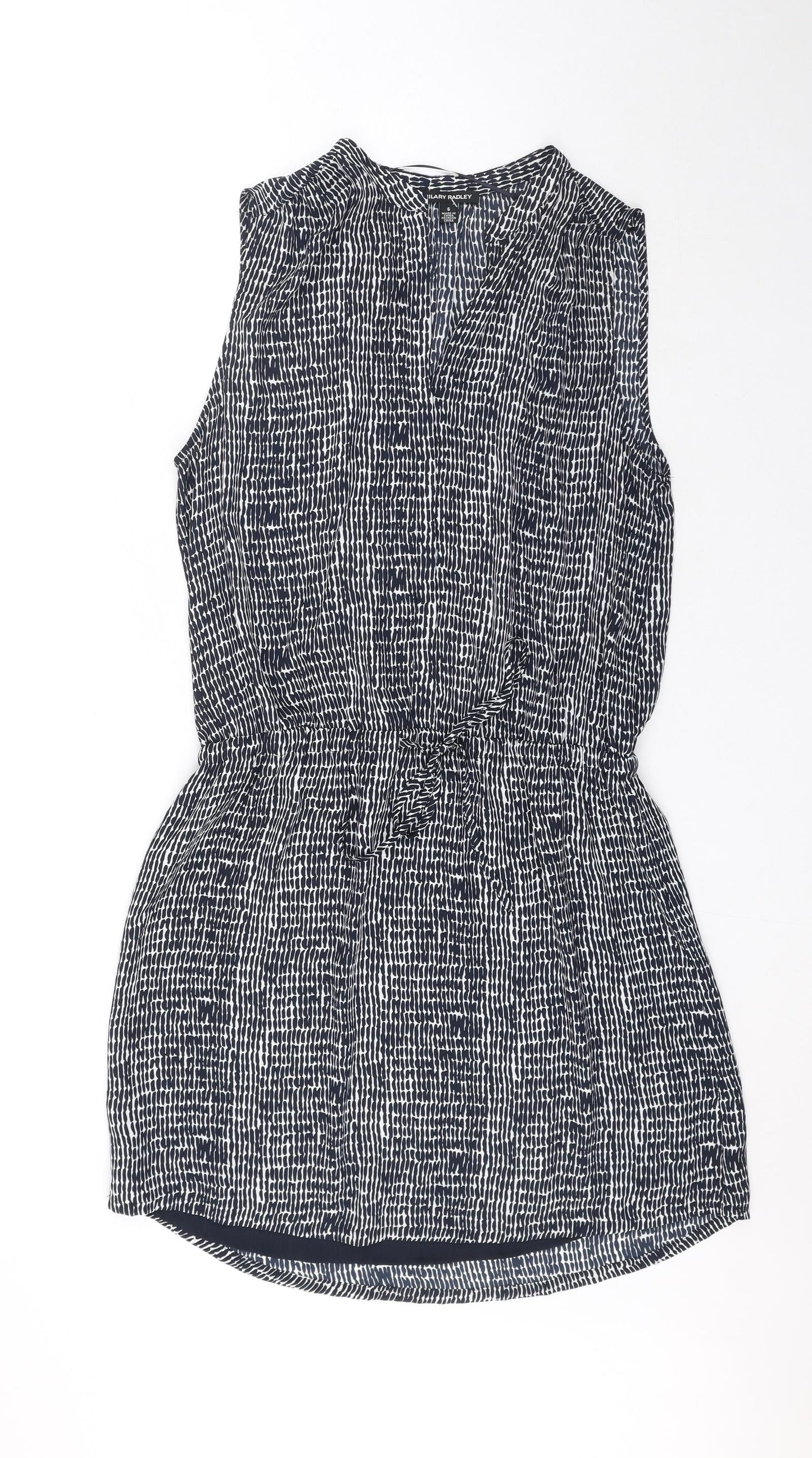 Hilary Radley Womens Black Geometric Polyester Skater Dress Size 6 V-Neck Drawstring