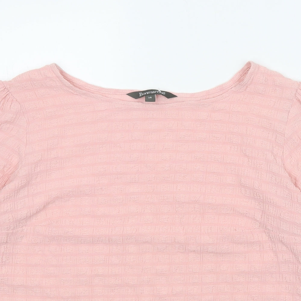Bonmarché Womens Pink Geometric Viscose Basic T-Shirt Size 14 Boat Neck