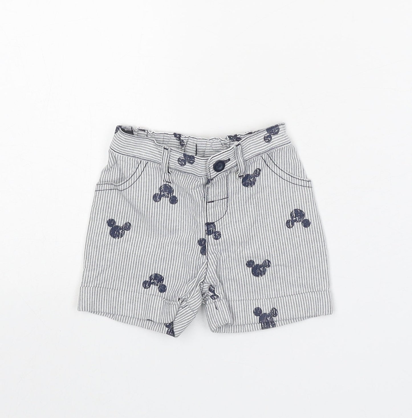 Disney Boys Grey Striped Cotton Cropped Trousers Size 0-3 Months L50 cm Button - Mickey Mouse