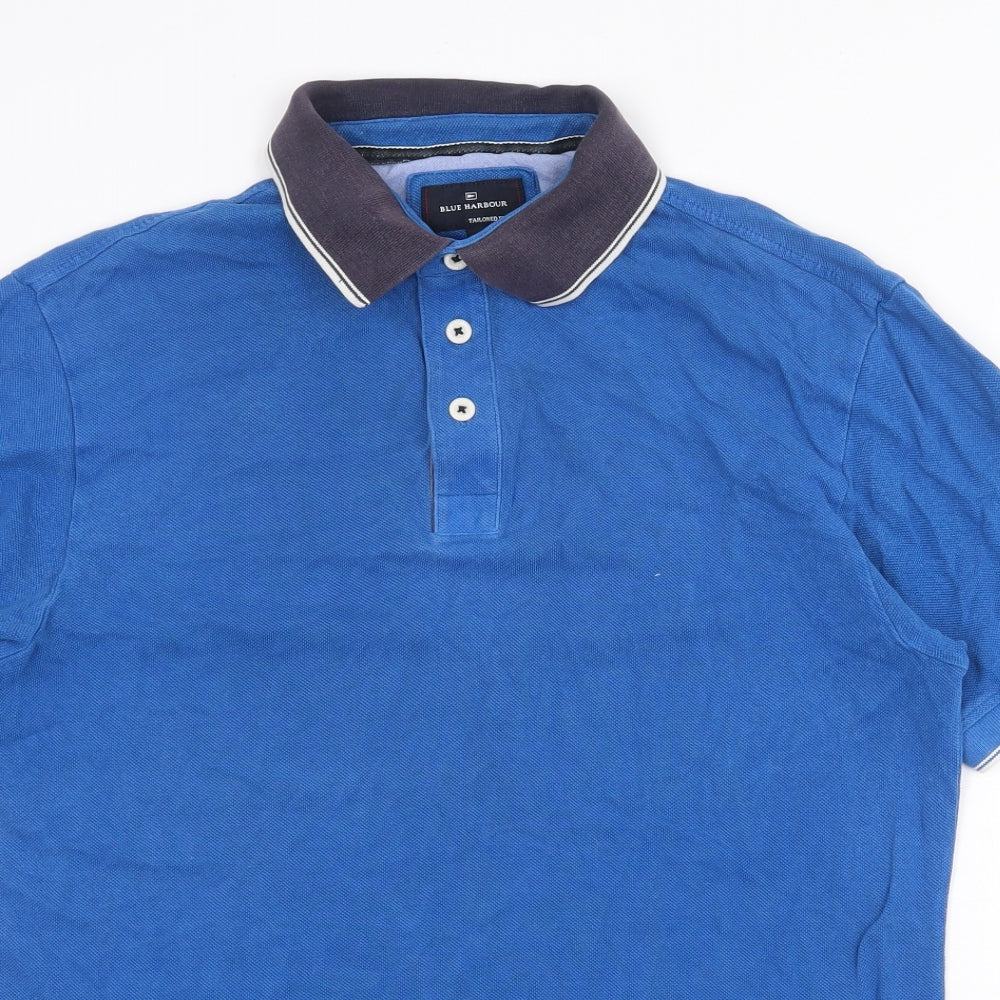 Marks and Spencer Mens Blue Cotton Polo Size M Collared Button