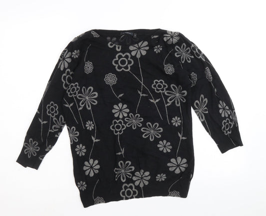 NEXT Womens Black Boat Neck Floral Cotton Pullover Jumper Size S