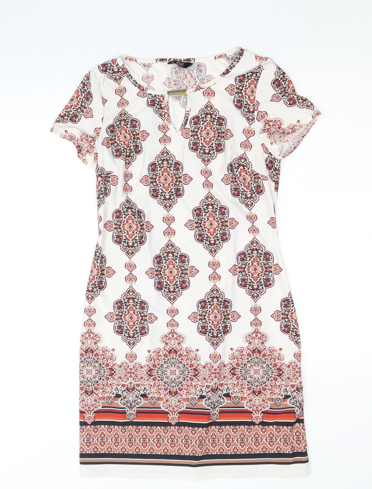 F&F Womens Beige Geometric Polyester Shift Size 6 Round Neck Pullover