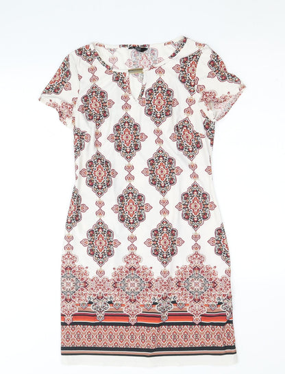 F&F Womens Beige Geometric Polyester Shift Size 6 Round Neck Pullover