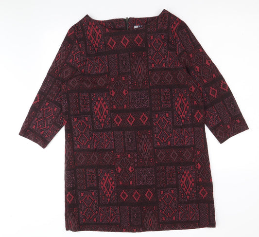 EWM Womens Black Geometric Polyester A-Line Size 16 Round Neck Zip