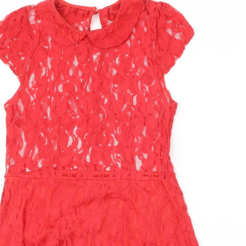 Evie Womens Red Cotton A-Line Size 14 Collared Button