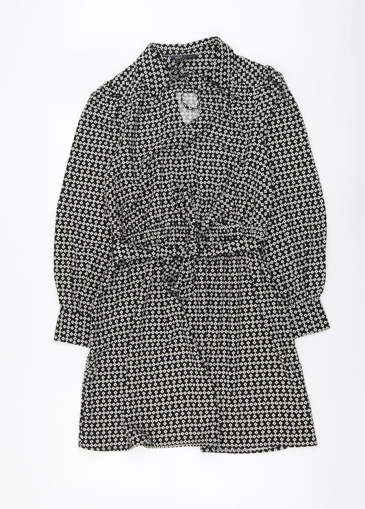 Marks and Spencer Womens Black Geometric Polyester Shirt Dress Size 10 V-Neck Tie