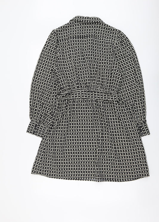 Marks and Spencer Womens Black Geometric Polyester Shirt Dress Size 10 V-Neck Tie