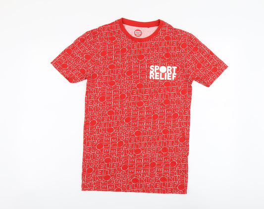 Sport Relief Mens Red Geometric Cotton T-Shirt Size XS Round Neck