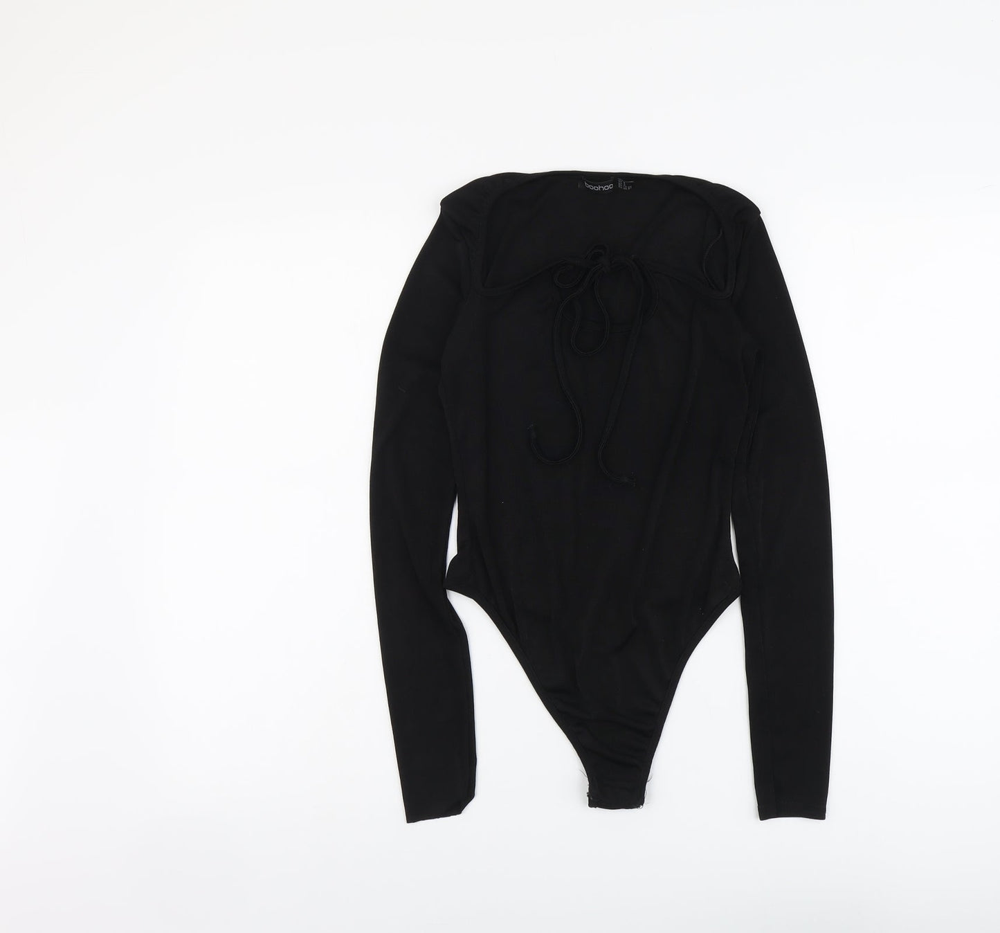 Boohoo Womens Black Polyester Bodysuit One-Piece Size 8 Snap - Tie Front Detail
