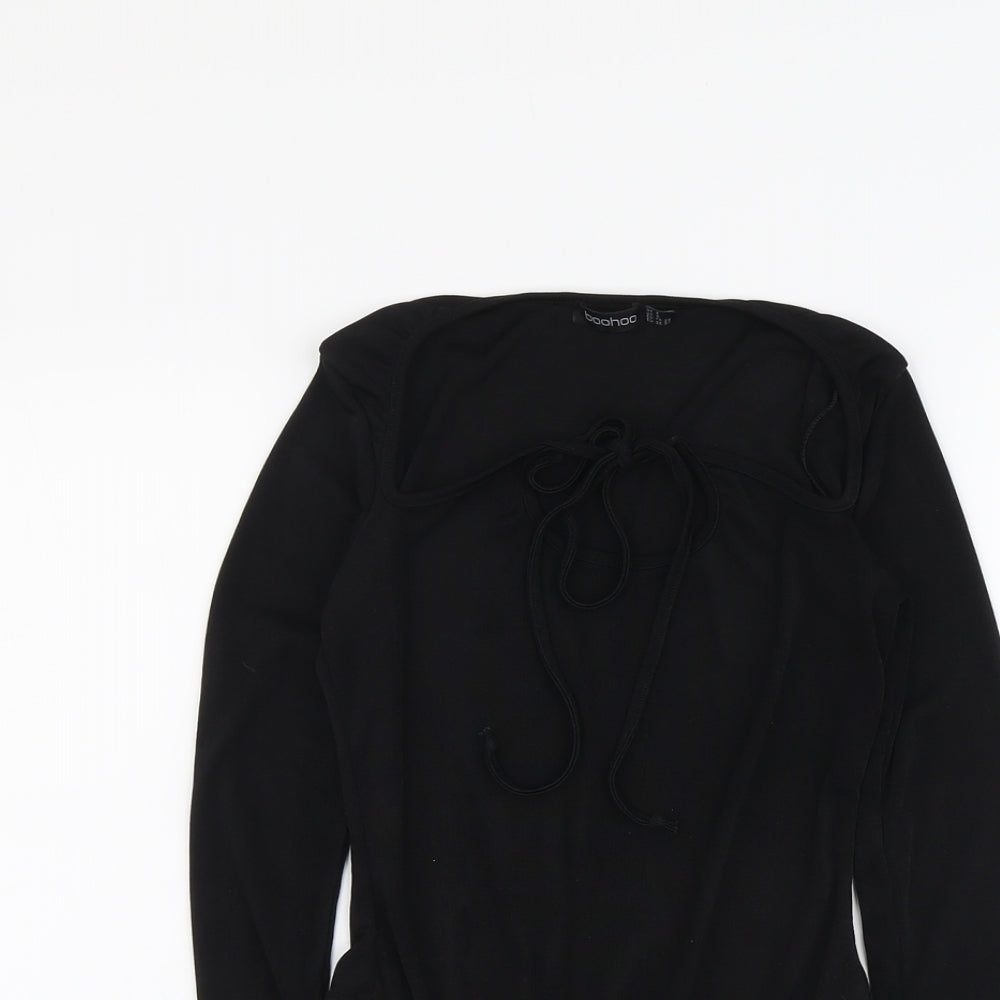 Boohoo Womens Black Polyester Bodysuit One-Piece Size 8 Snap - Tie Front Detail