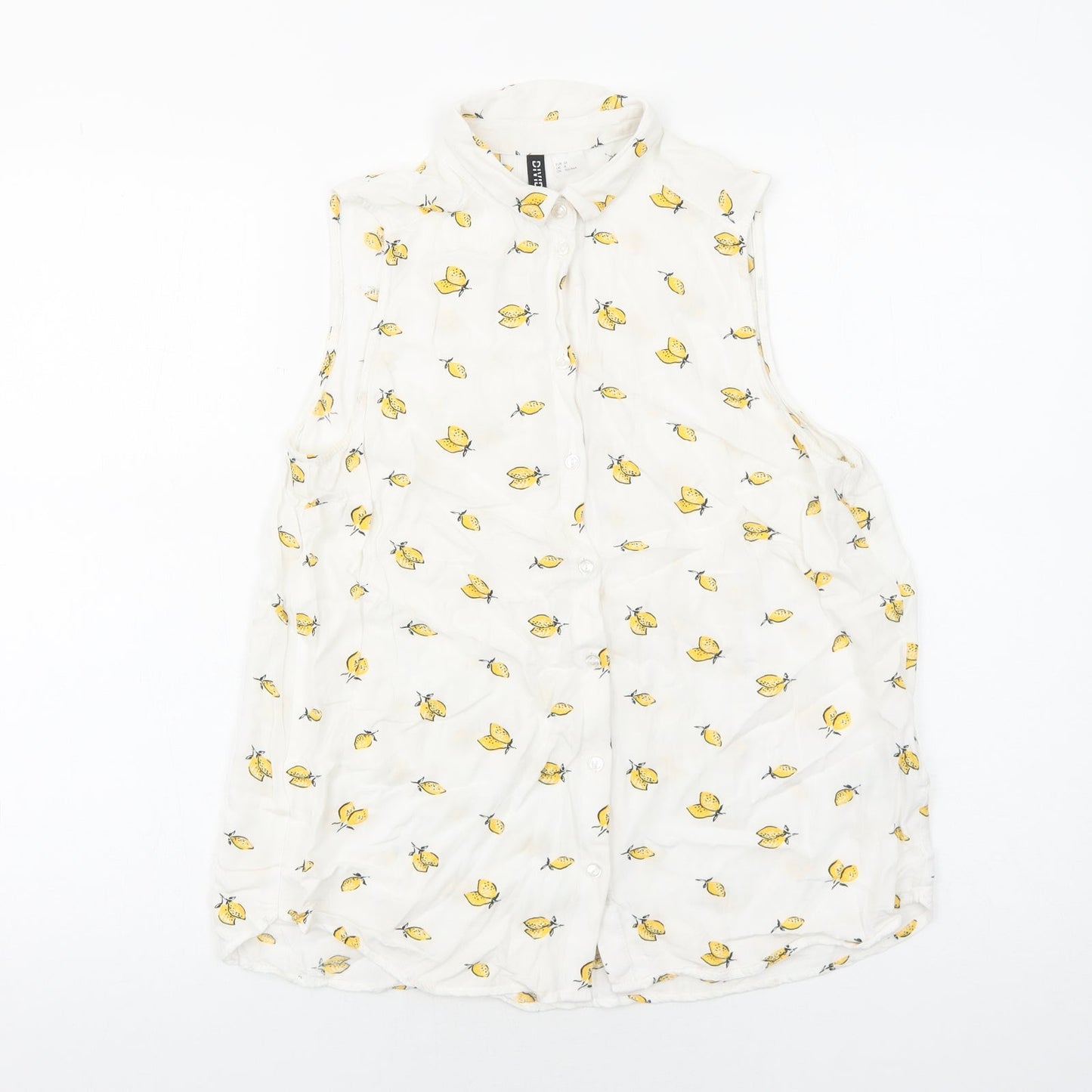 H&M Womens White Geometric Viscose Basic Button-Up Size 8 Collared - Lemon Pattern