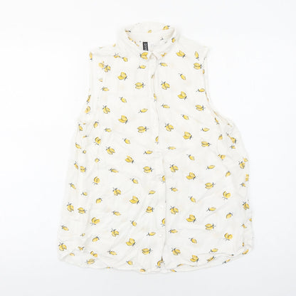 H&M Womens White Geometric Viscose Basic Button-Up Size 8 Collared - Lemon Pattern