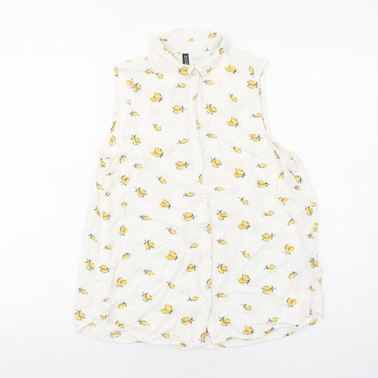 H&M Womens White Geometric Viscose Basic Button-Up Size 8 Collared - Lemon Pattern