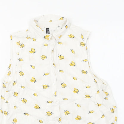 H&M Womens White Geometric Viscose Basic Button-Up Size 8 Collared - Lemon Pattern