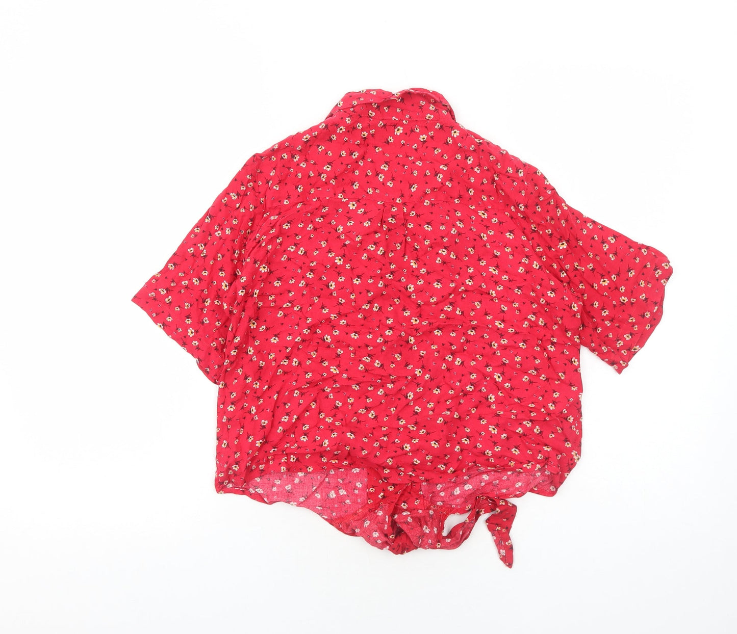 Loststock Womens Red Floral Viscose Basic Button-Up Size S Collared - Knot Front