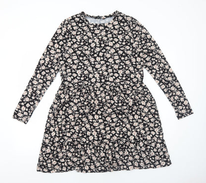 New Look Womens Black Floral Polyester Fit & Flare Size 14 Round Neck Pullover