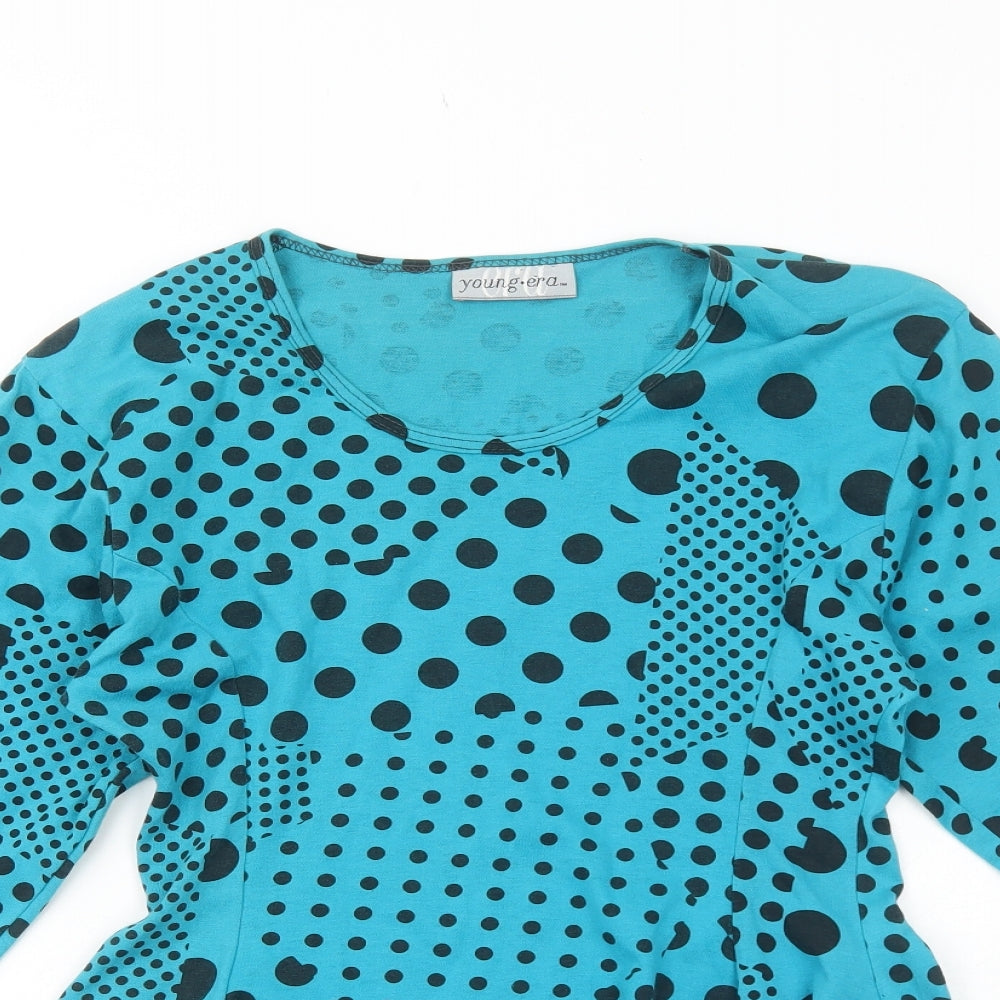 Young Era Womens Blue Polka Dot Polyester Basic Blouse Size M Scoop Neck