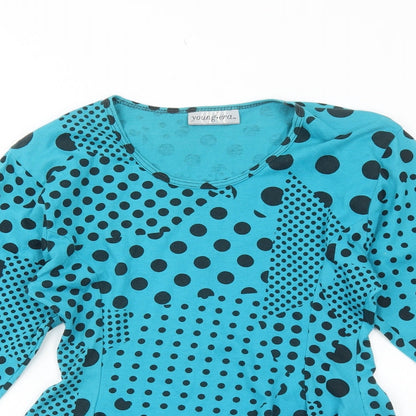 Young Era Womens Blue Polka Dot Polyester Basic Blouse Size M Scoop Neck