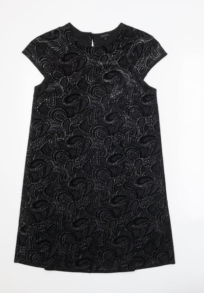 River Island Womens Black Geometric Polyester Shift Size 8 Round Neck Button