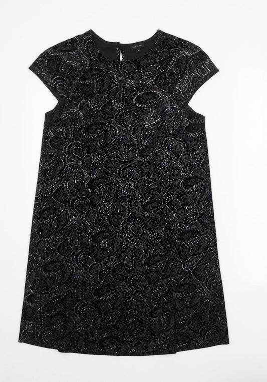 River Island Womens Black Geometric Polyester Shift Size 8 Round Neck Button