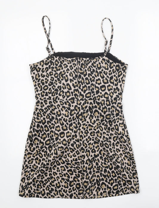 Preworn Womens Beige Animal Print Viscose Mini One Size Square Neck Zip