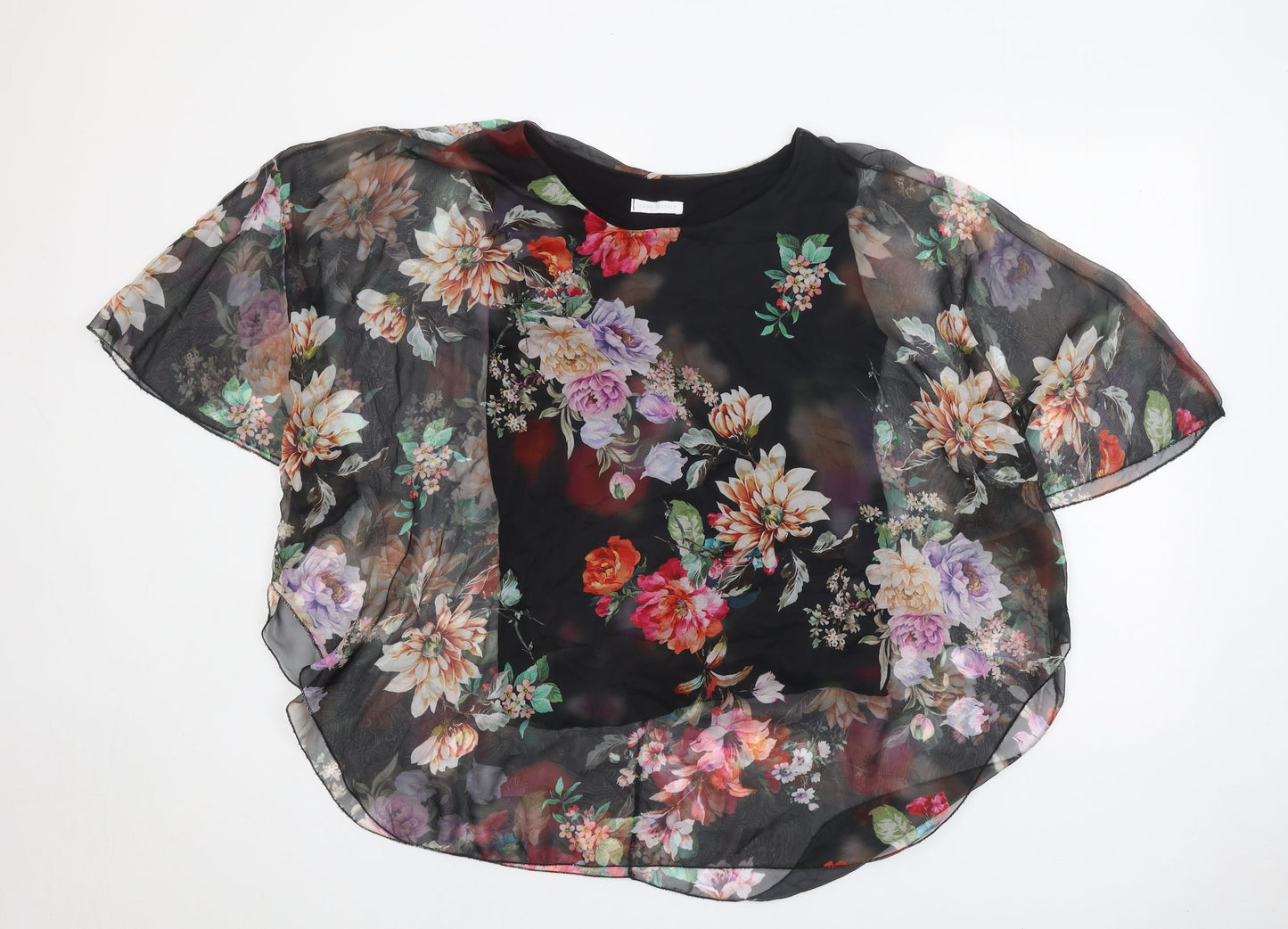 Made in Italy Womens Black Floral Polyester Basic Blouse Size 8 Scoop Neck - Overlay