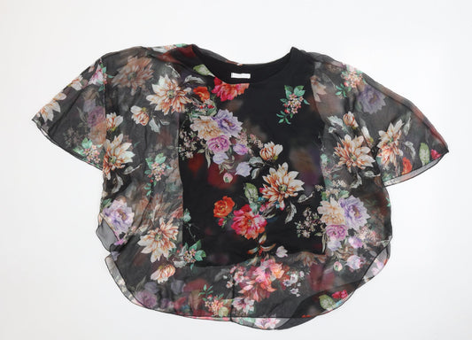 Made in Italy Womens Black Floral Polyester Basic Blouse Size 8 Scoop Neck - Overlay