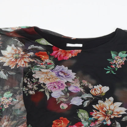 Made in Italy Womens Black Floral Polyester Basic Blouse Size 8 Scoop Neck - Overlay