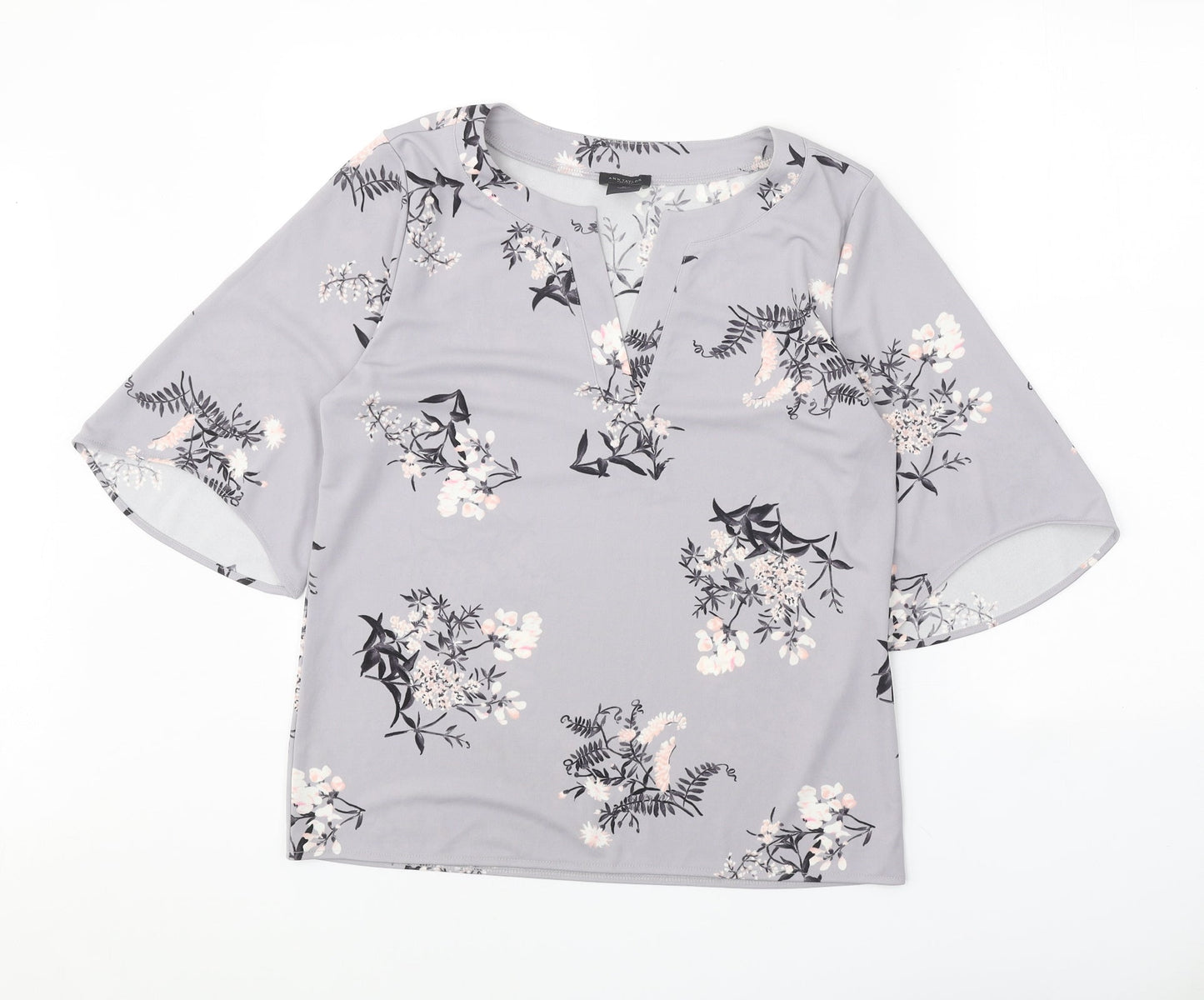 Ann Taylor Womens Grey Floral Polyester Basic Blouse Size M V-Neck