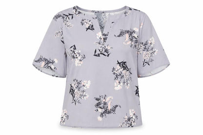 Ann Taylor Womens Grey Floral Polyester Basic Blouse Size M V-Neck