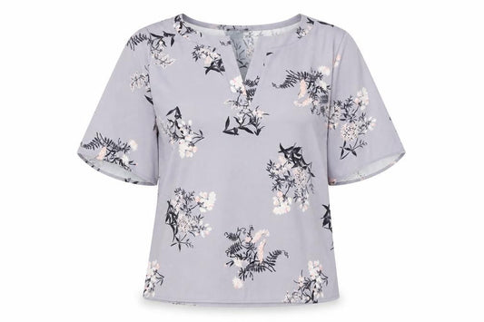 Ann Taylor Womens Grey Floral Polyester Basic Blouse Size M V-Neck