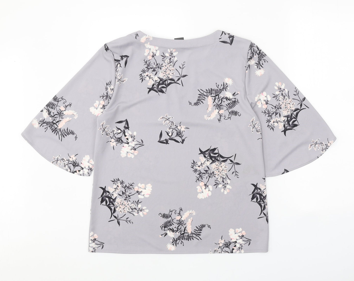 Ann Taylor Womens Grey Floral Polyester Basic Blouse Size M V-Neck