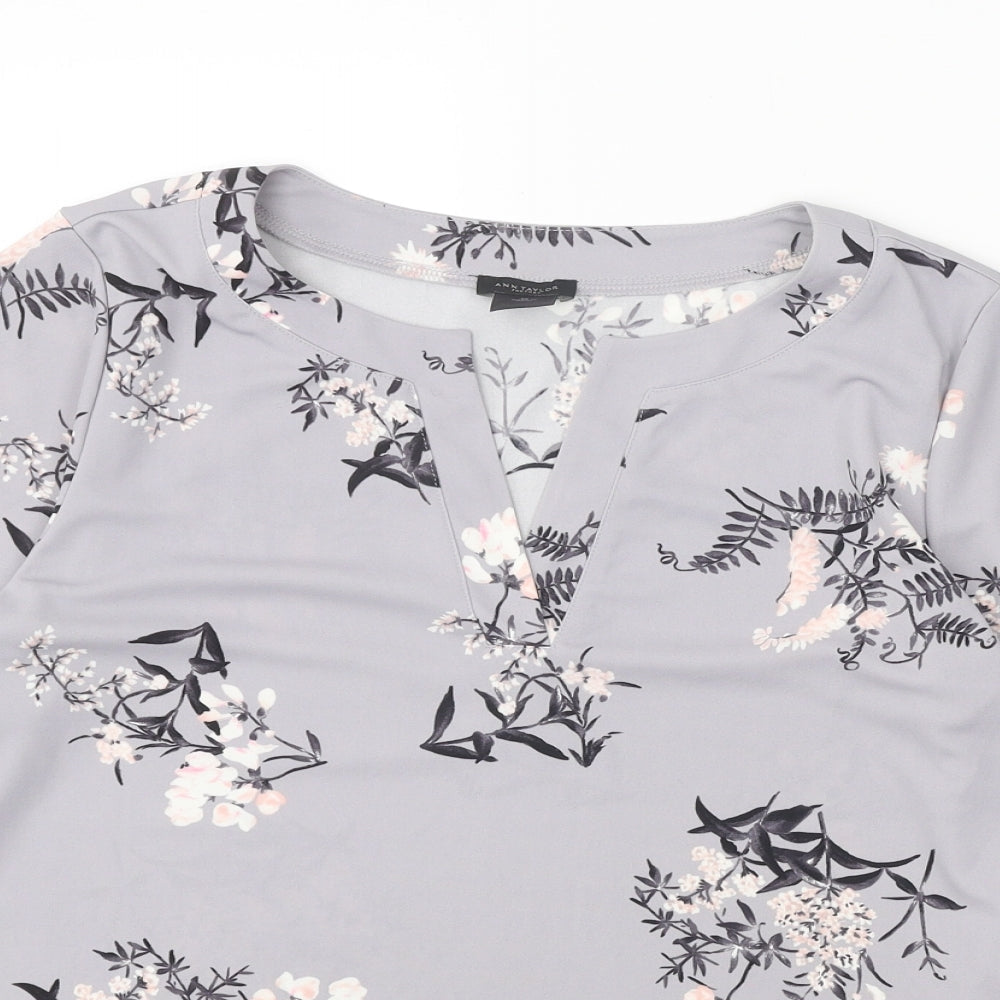 Ann Taylor Womens Grey Floral Polyester Basic Blouse Size M V-Neck