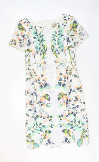Per Una Womens White Floral Polyester A-Line Size 8 Round Neck Zip