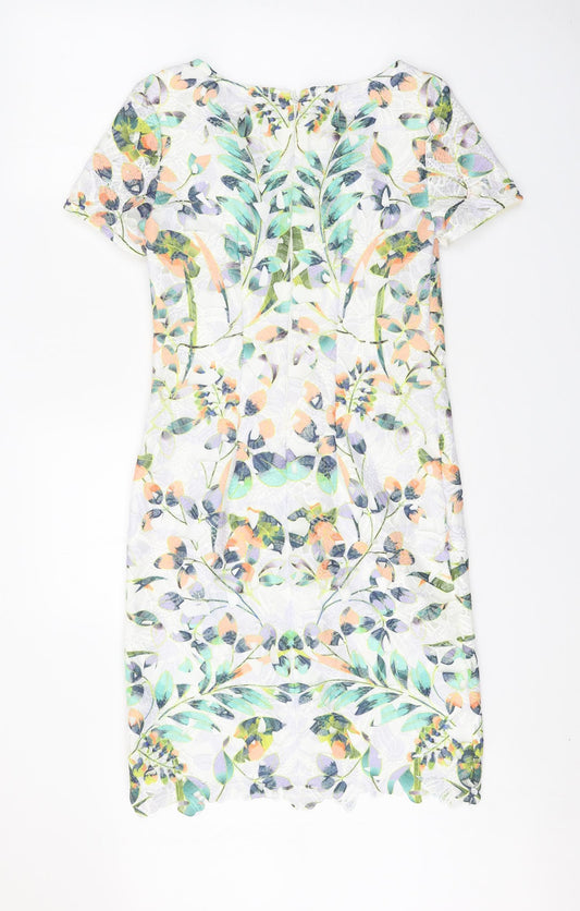 Per Una Womens White Floral Polyester A-Line Size 8 Round Neck Zip