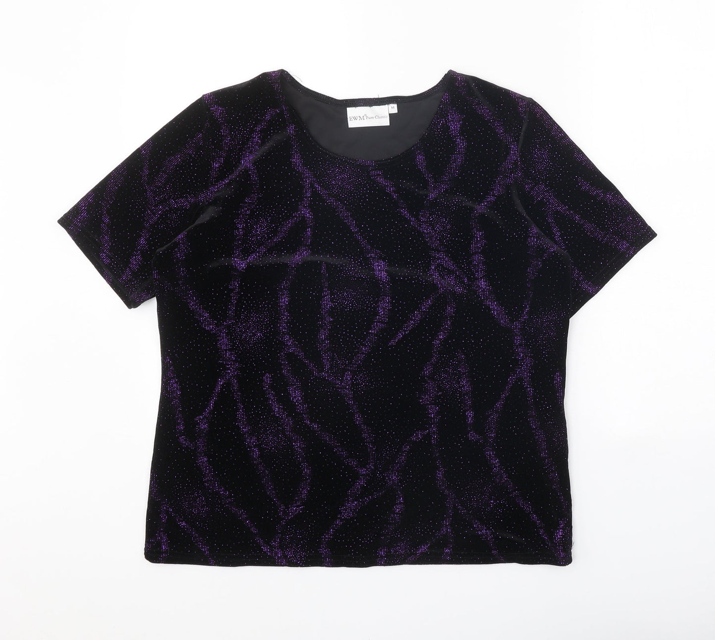 EWM Womens Black Geometric Polyester Basic T-Shirt Size M Round Neck