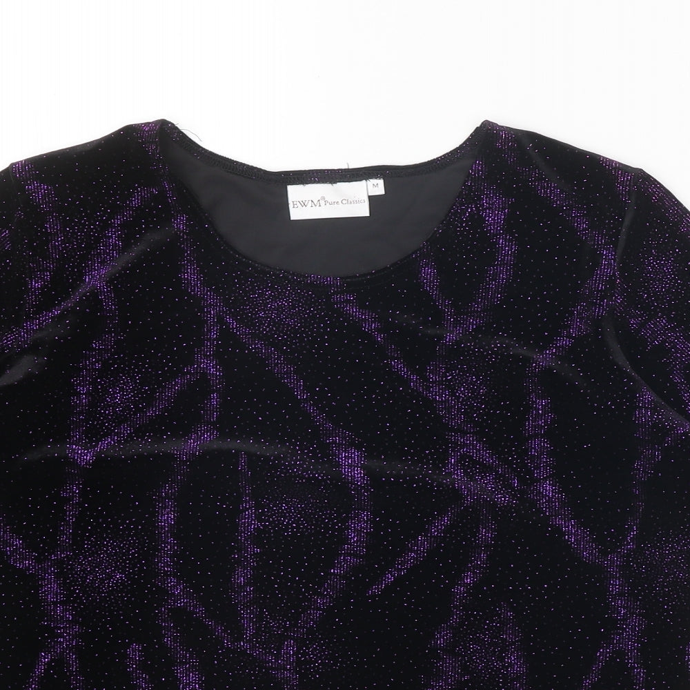 EWM Womens Black Geometric Polyester Basic T-Shirt Size M Round Neck