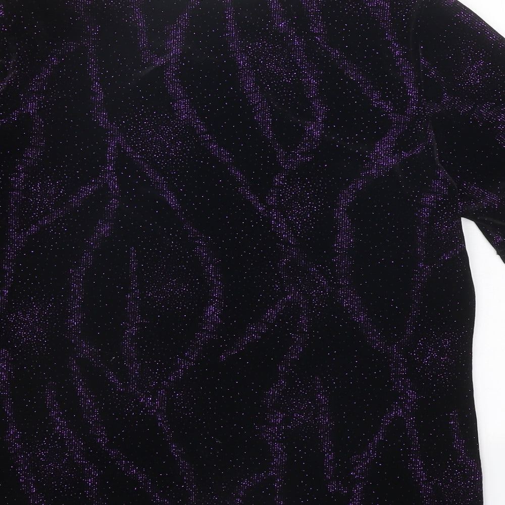 EWM Womens Black Geometric Polyester Basic T-Shirt Size M Round Neck