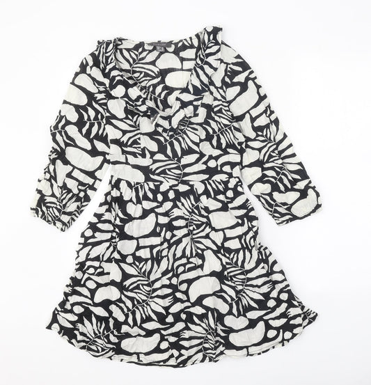 Primark Womens Black Geometric 100% Cotton Fit & Flare Size 8 V-Neck Pullover