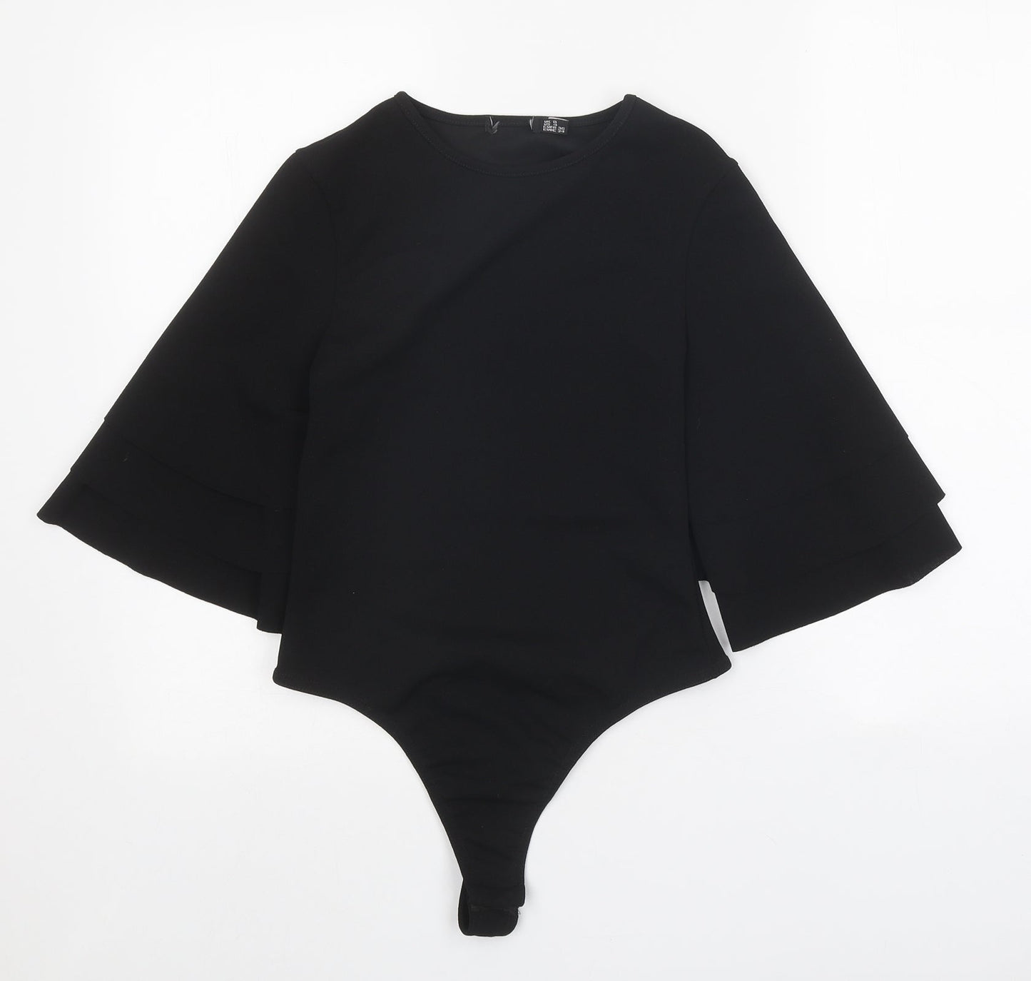 PRETTYLITTLETHING Womens Black Polyester Bodysuit One-Piece Size 8 Snap - Voluminous Sleeves