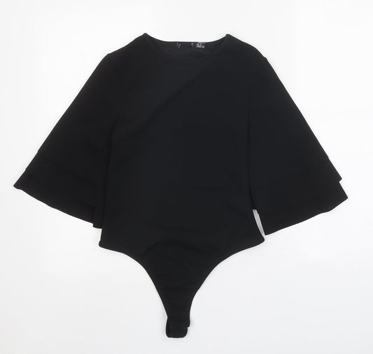 PRETTYLITTLETHING Womens Black Polyester Bodysuit One-Piece Size 8 Snap - Voluminous Sleeves