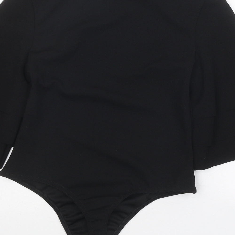 PRETTYLITTLETHING Womens Black Polyester Bodysuit One-Piece Size 8 Snap - Voluminous Sleeves