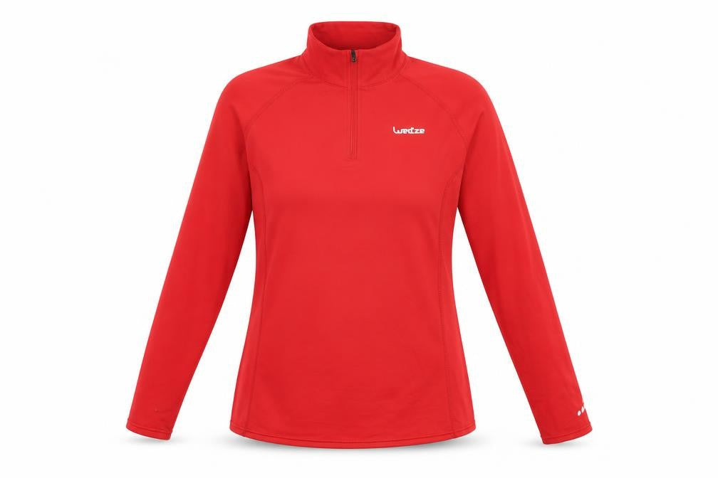 Front view of oxylane women’s red polyester pullover sweatshirt, size M, zip