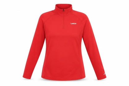 Front view of oxylane women’s red polyester pullover sweatshirt, size M, zip