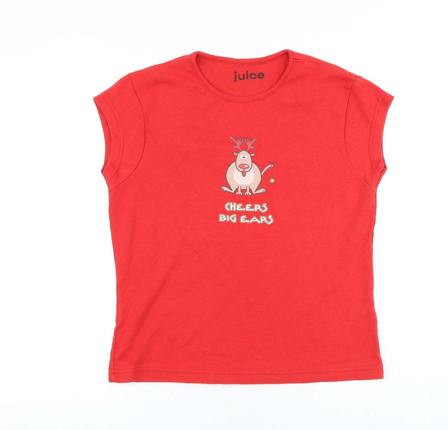 Juice Womens Red 100% Cotton Basic T-Shirt Size XL Scoop Neck - Reindeer, Cheers Big Ears