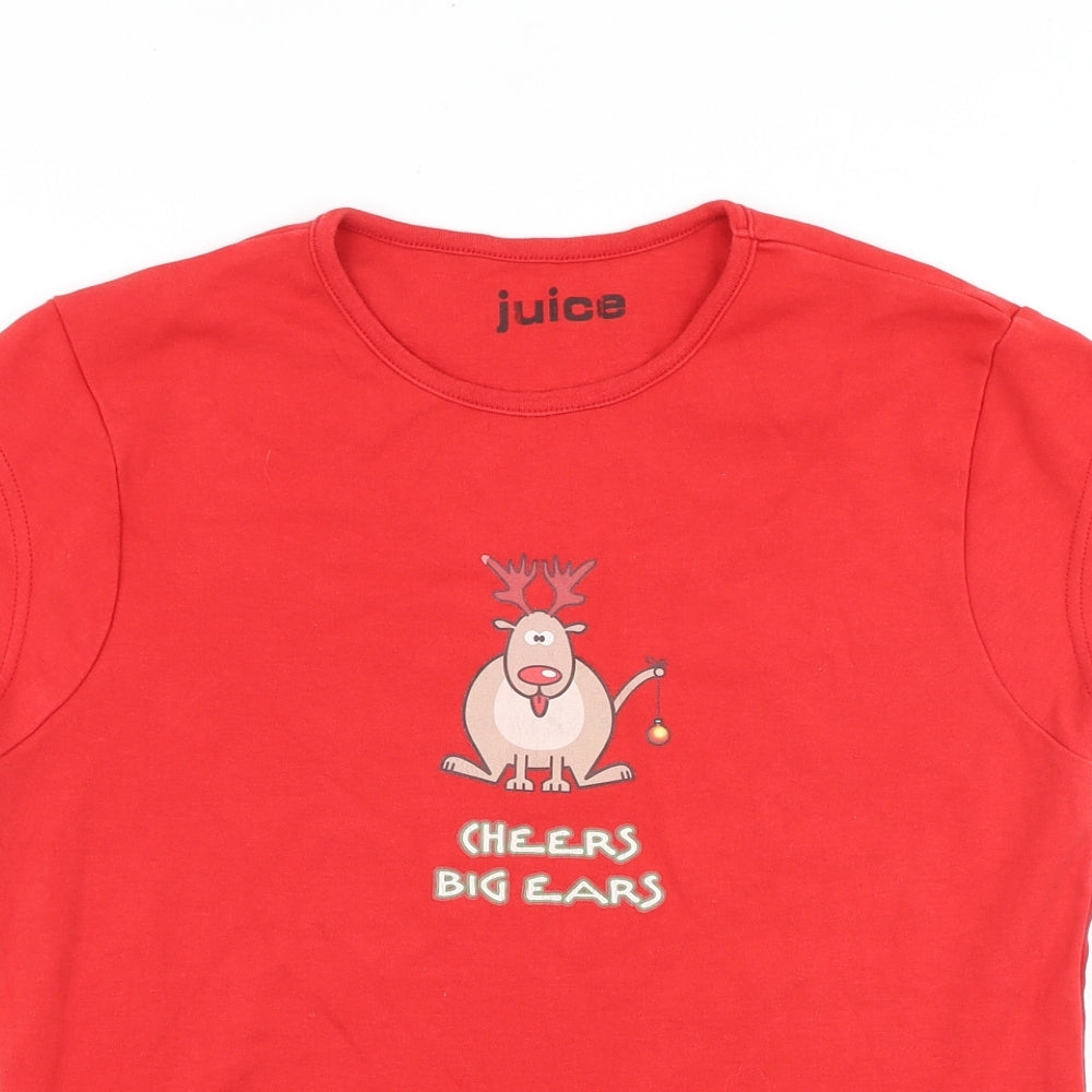 Juice Womens Red 100% Cotton Basic T-Shirt Size XL Scoop Neck - Reindeer, Cheers Big Ears